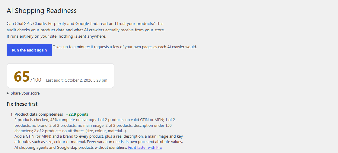 The AI Shopping Readiness screen in WooCommerce: a score of 65 out of 100 and a "Fix these first" list led by product data completeness