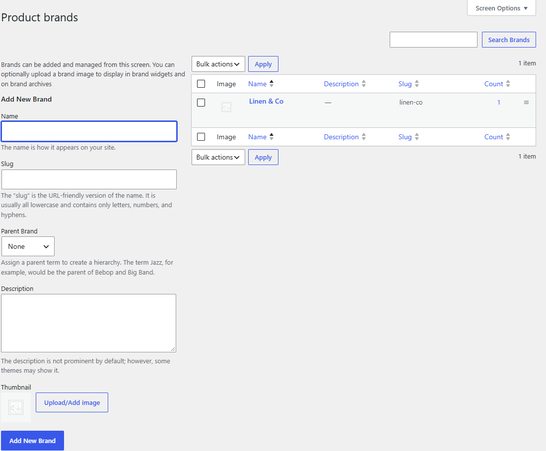 The Product brands screen in WooCommerce: an Add New Brand form on the left and the brand list on the right