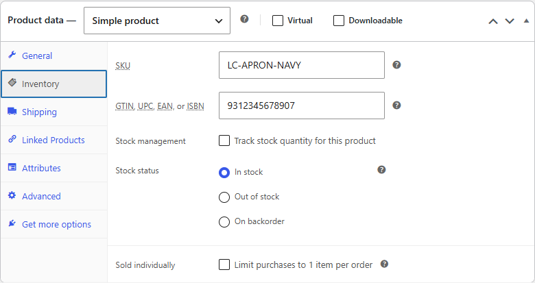 The Inventory tab of a WooCommerce product, with the SKU box and, below it, the box labelled GTIN, UPC, EAN, or ISBN