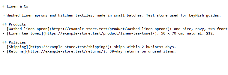 An llms.txt file in a browser: the store name, a one-line summary, then Products and Policies sections with links
