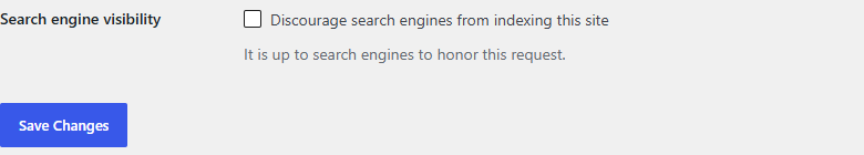 The Search engine visibility setting in WordPress, with Discourage search engines from indexing this site unticked
