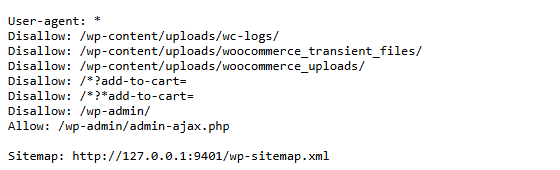 A default WooCommerce robots.txt: Disallow lines for wp-admin, add-to-cart links and WooCommerce upload folders, then the sitemap line