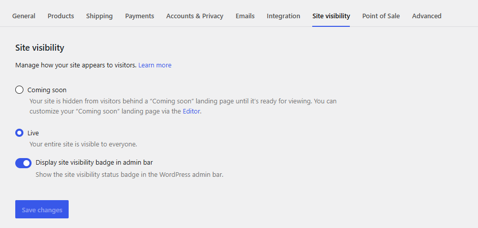 WooCommerce's Site visibility settings with the Coming soon and Live options, Live selected
