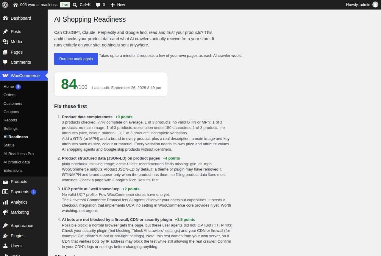 The plugin's audit screen: score and fix list (demo store in our test suite, not mishbio.us)